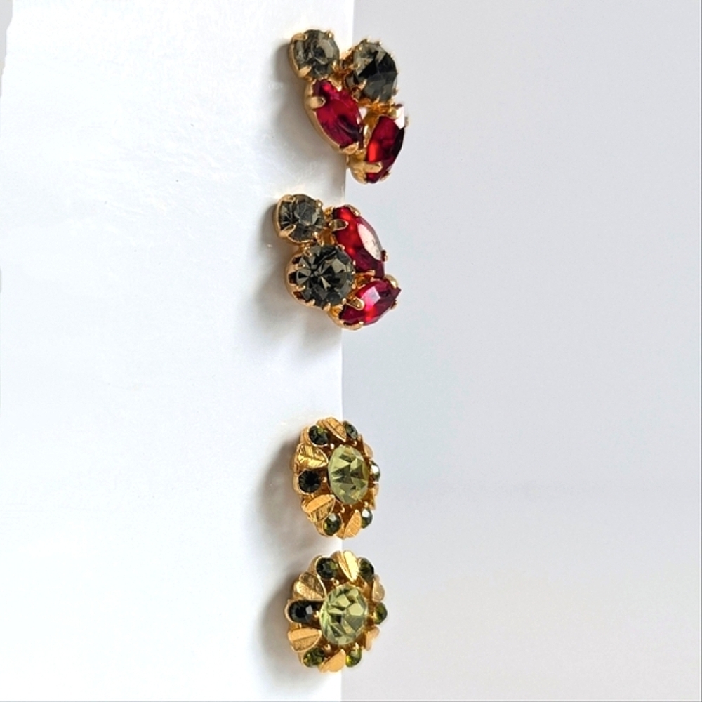 Vintage Cluster Clip On Earrings Red Gray & Avon Flowers Clip Ons Green Gold